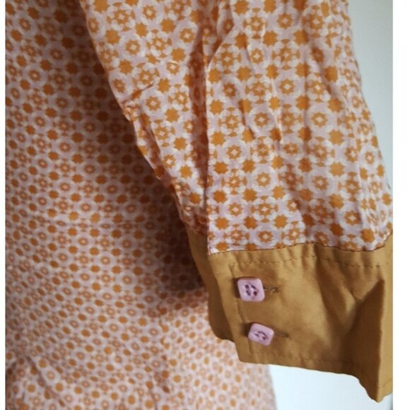 Cute ruffled Penguin pink and tan geometric print button down cotton shirt top - Picture 7 of 11